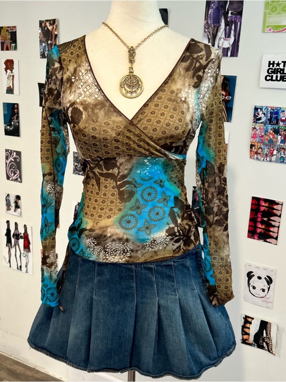 Y2K euro mesh multi pattern boho top
